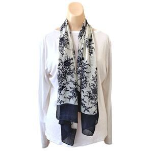Chiffon Scarf Long Floral Black White Rectangle Border Hand Rolled Edge Vintage